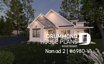 front - BASE MODEL - Farmhouse-style home plan with attached RV garage, and an option offering 2-bedroom, two-story accommodation - Nomad 2