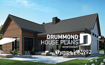 Rear view - BASE MODEL - Farmhouse style house plan, cathedral ceiling w/exposed wood beams, open floor plan, outdoor kitchen - Olympe